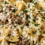 30-Minute Creamy Parmesan Garlic Beef Bowtie Pasta