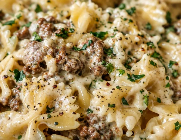 30-Minute Creamy Parmesan Garlic Beef Bowtie Pasta