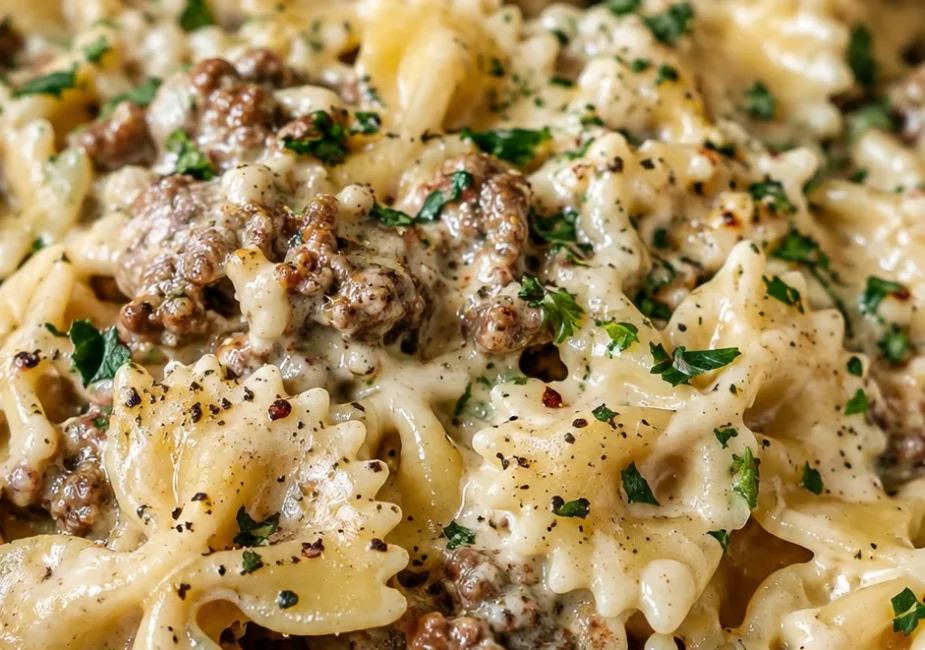 30-Minute Creamy Parmesan Garlic Beef Bowtie Pasta