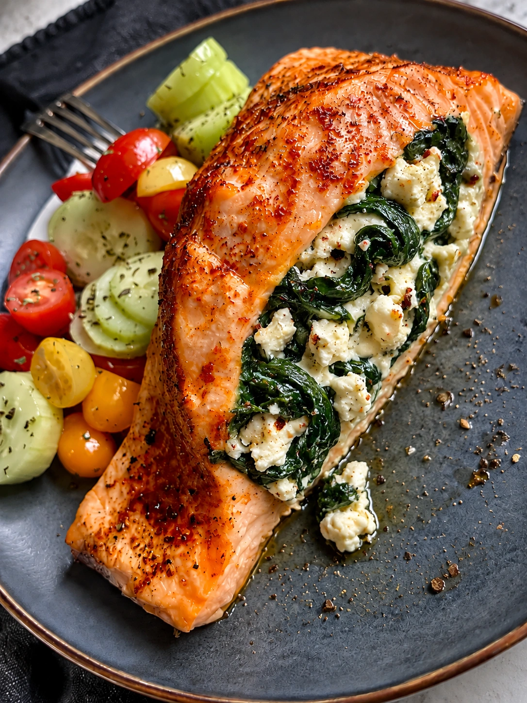 Baked Stuffed Salmon with Spinach & Feta