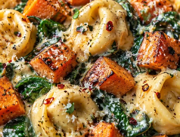 Creamy Sweet Potato & Spinach Tortellini Skillet