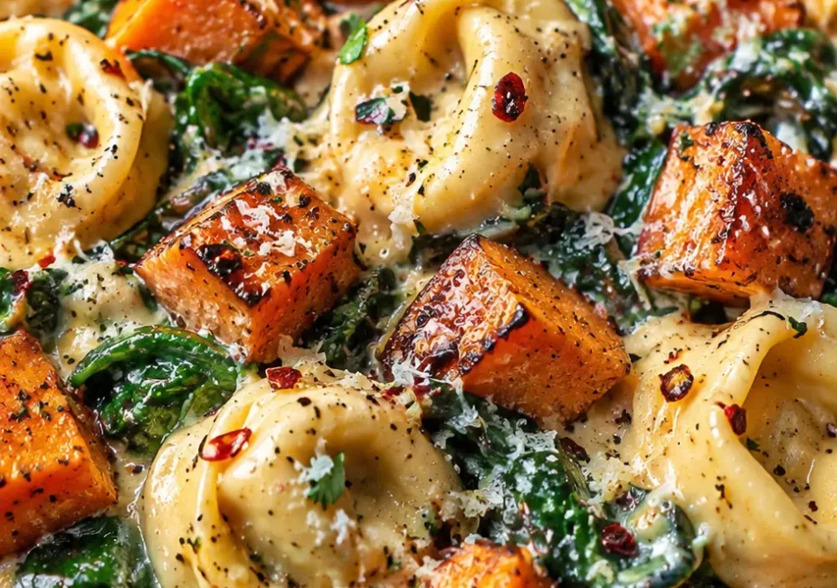 Creamy Sweet Potato & Spinach Tortellini Skillet