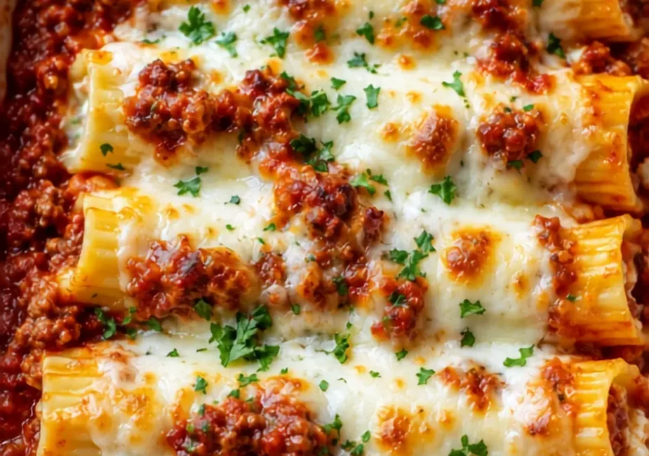 Cheesy Stuffed Manicotti with Rich Meat Sauce