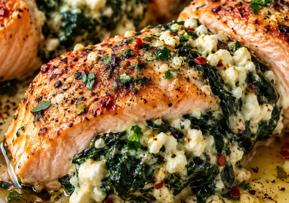 Baked Stuffed Salmon with Spinach & Feta