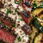 Grilled Steak Bowl with Garlic Cream Sauce & Zucchini