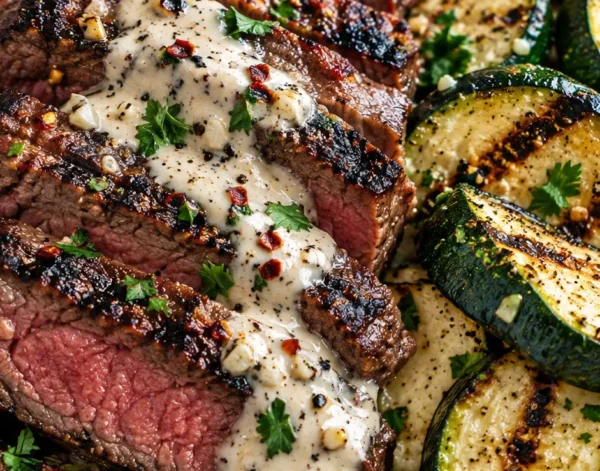 Grilled Steak Bowl with Garlic Cream Sauce & Zucchini