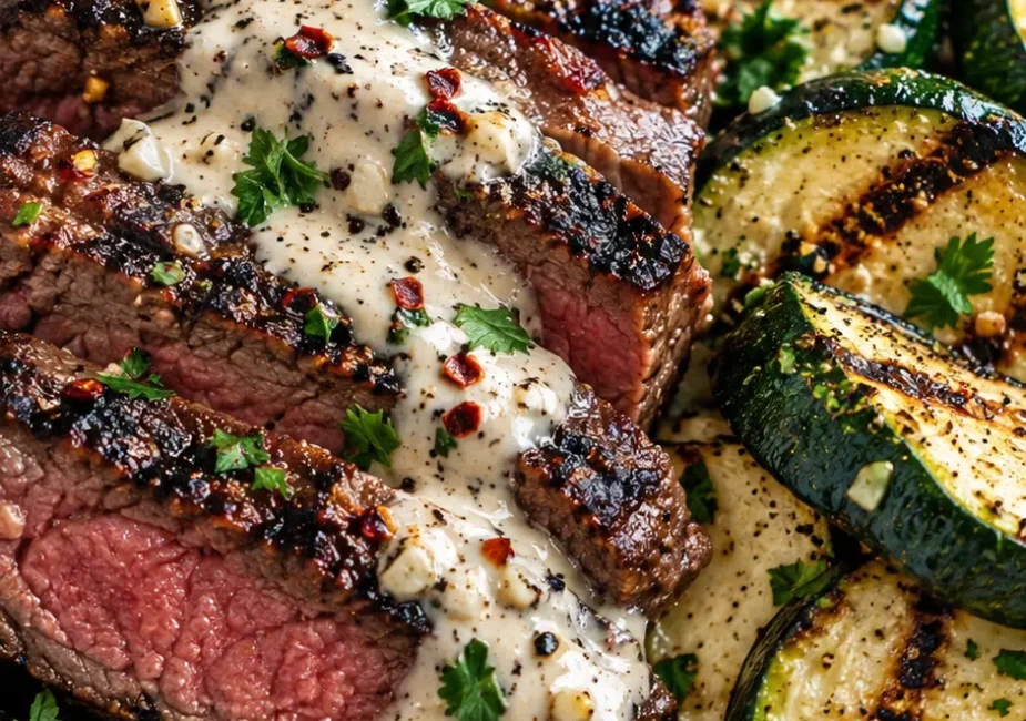 Grilled Steak Bowl with Garlic Cream Sauce & Zucchini