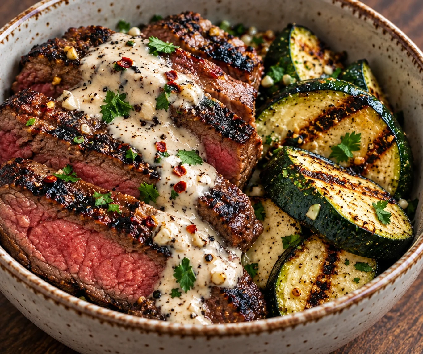 Easy Grilled Steak Bowl with Garlic Cream Sauce & Zucchini
