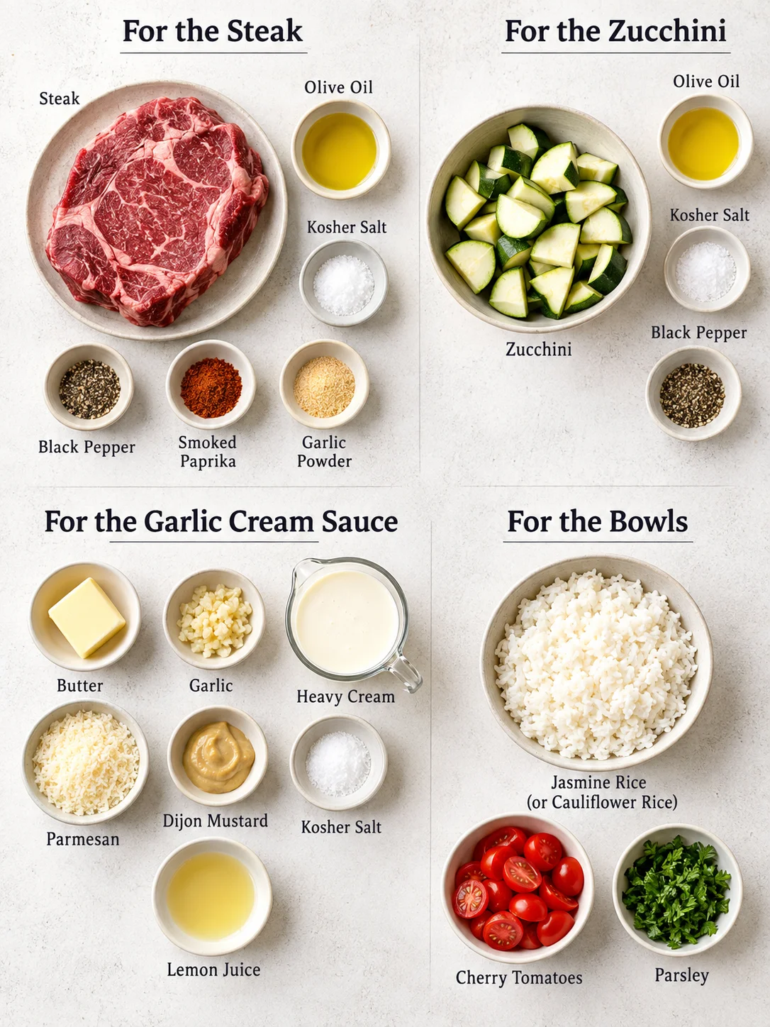 Easy Grilled Steak Bowl with Garlic Cream Sauce & Zucchini Ingredients