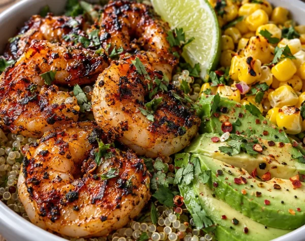 Grilled Shrimp Bowl with Avocado and Chili-Lime Crema