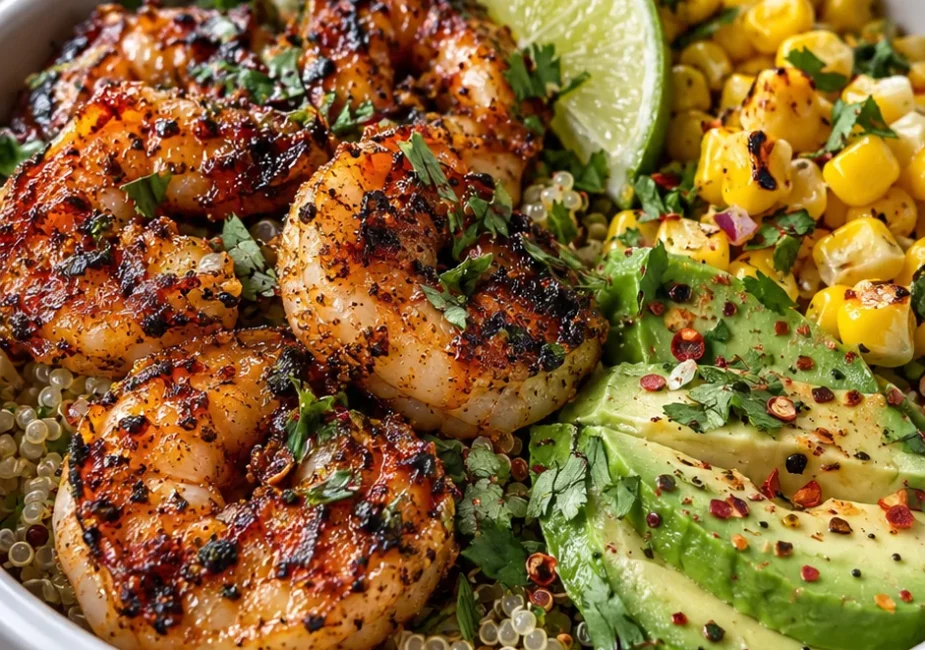 Grilled Shrimp Bowl with Avocado and Chili-Lime Crema