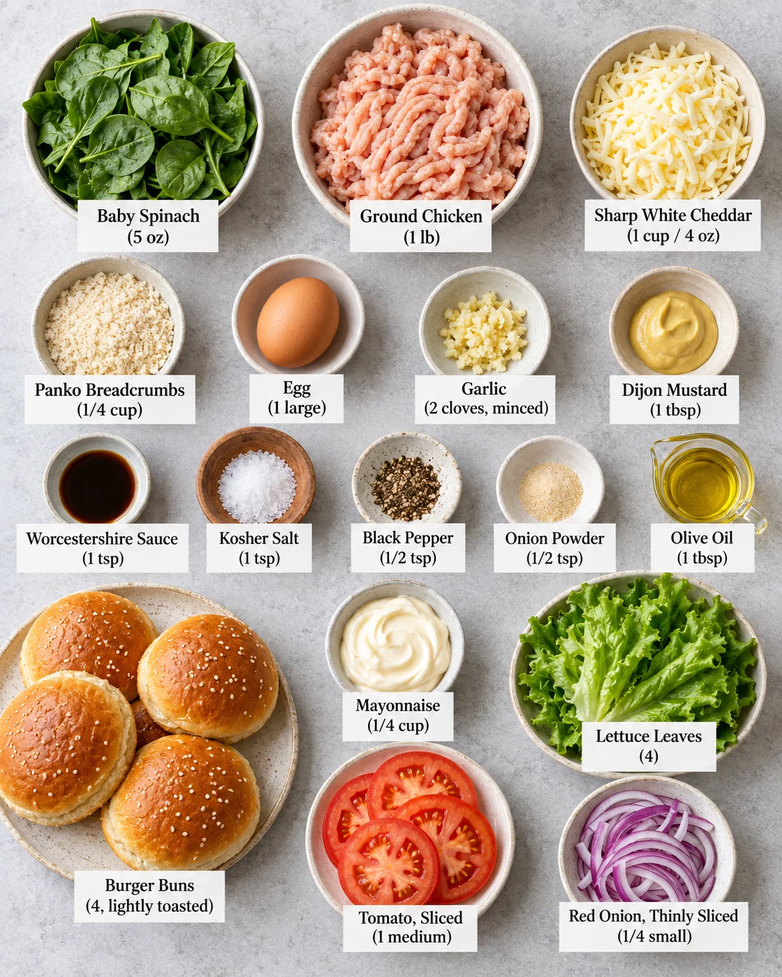 Juicy White Cheddar & Spinach Chicken Burgers Ingredients