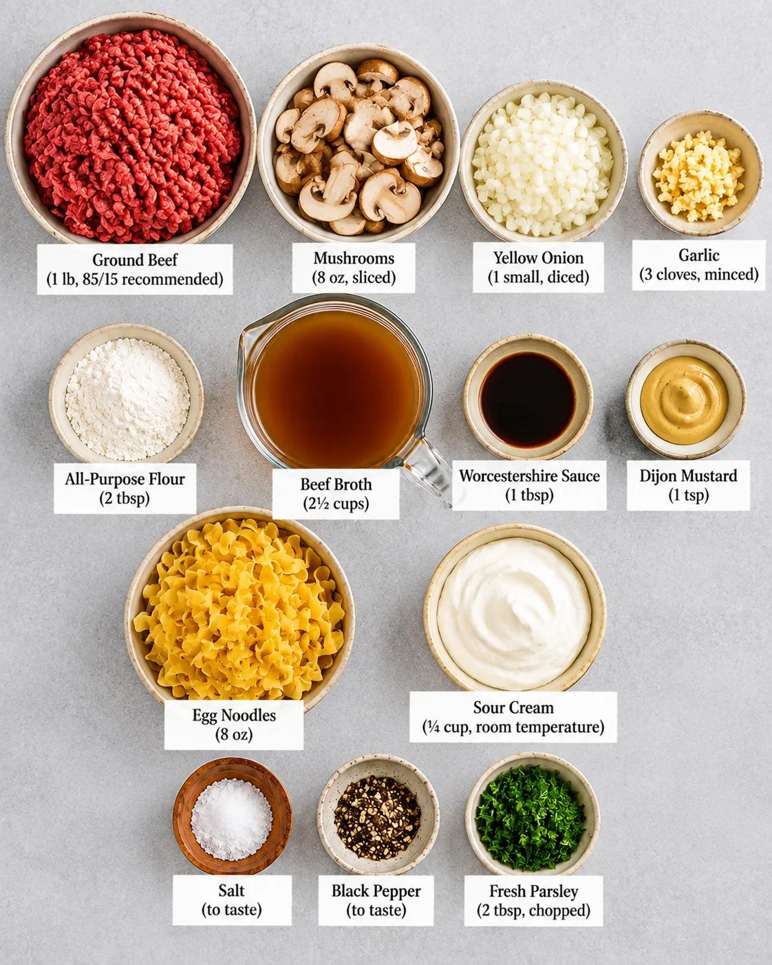 One-Pan Ground Beef Stroganoff ingredients